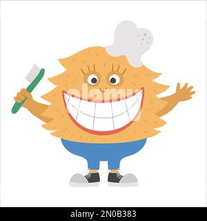Süßes Zahnmonster mit breitem Lächeln. Komische Figur, die eine Zahnbürste hält. Kreatur mit gesunden Zähnen für Kinder. Das zahnärztliche Betreuungsbild für Kinder. Delle Stock Vektor