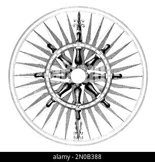 Gravur einer Kompassrose aus dem 19. Jahrhundert, die eine 32-Punkt-Windrose zeigt, die für nautische Navigation und Kartografie verwendet wird Stockfoto