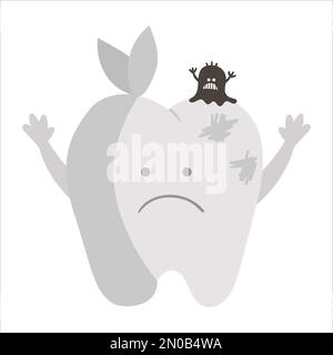 Süßer Kawaii-schmerzender Zahn mit Verband und Mikrobe. Vektorkarieszähne-Symbol für das Design von Kindern. Lustiges Kinderzahnpflegebild. Zahnarzt Clipart w Stock Vektor