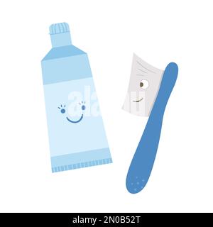 Symbol für Kawaii-Zahnbürste und Zahnpasta isoliert auf weißem Hintergrund. Lustiges Vektorzahnpflegewerkzeug. Niedliches Element zum Reinigen von Zähnen. Zahnärztliche Geräte Stock Vektor
