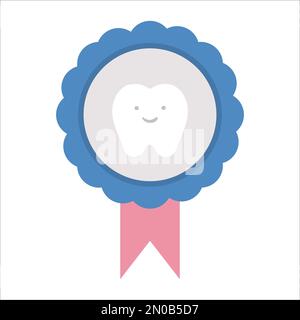 Süße Vektormedaille mit lächelndem Zahn. Vektorabzeichen zur zahnärztlichen Versorgung oder Zahnwechsel für Kinder. Lustiges Kinderzahnpflegebild. Zahnarzt Stock Vektor