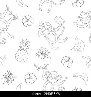 Vector Schwarz-Weiß-Nahtloses Muster mit niedlichen Affen und Bananen. Lustige tropische Tiere und Obst-Digitalpapier. Einfarbiger Hintergrund für Kinder Stock Vektor