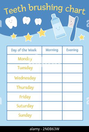 Süße Zahnputztafel für Kinder. Vektorposter zur stomatologischen Versorgung mit niedlichen, lächelnden Figuren. Zahnhygienezeitplan für Kinder. Zahnarzt Stock Vektor