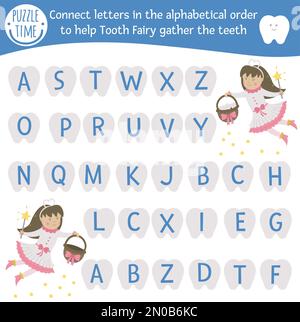 Zahnpflege-ABC-Spiel mit niedlichen Figuren. Zahnärztliche Alphabetaktivität für Vorschulkinder. Wähle Buchstaben von A bis Z, um die Zahnfee zu unterstützen Stock Vektor