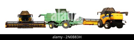 Satz verschiedener landwirtschaftlicher Maschinen auf weißem Hintergrund. Bannerdesign Stockfoto