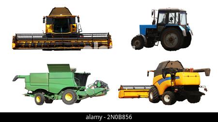 Satz verschiedener landwirtschaftlicher Maschinen auf weißem Hintergrund. Bannerdesign Stockfoto