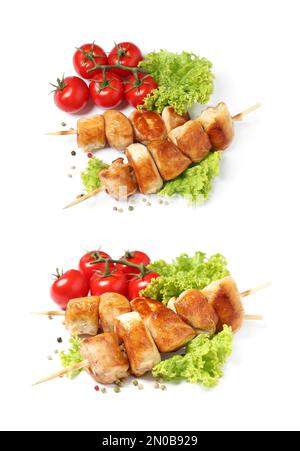 Köstliche Hähnchen Shish Kebabs und Gemüse auf weißem Hintergrund Stockfoto