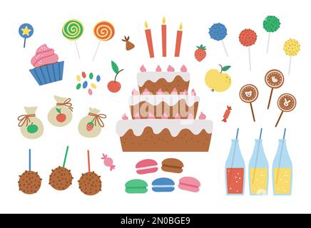 Geburtstagsdesserts-Set. Süßes B-Day Clipart Pack mit Kuchen, Kerzen, Cupcakes, Kuchenbonbons, Jelly Beans. Lustige Süßigkeiten Illustration für Karte, Poster Stock Vektor