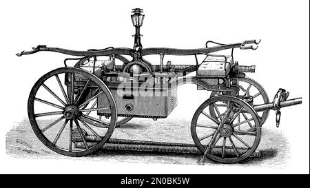 Kupferstich einer Dampffeuerwehrmaschine aus dem Systematischen Bilder-Atlas (Brockhaus Leipzig, 1844), Frühfeuerwehrapparat. Stockfoto