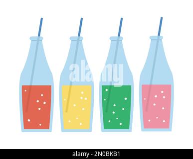 Vektorlimonade in Glasflaschen mit Stroh. Süße lustige süße Getränke-Illustration für Karte, Poster, Aufdruck. Helles Feiertags- oder Geburtstagskonzept für Stock Vektor
