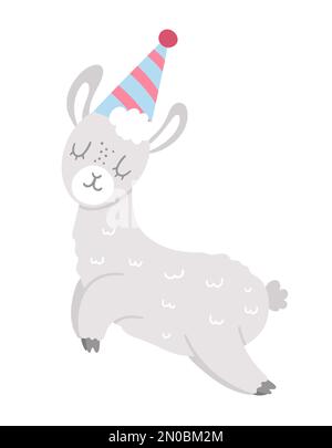 Vector niedliches Lama in Geburtstagsmütze. Lustiges Geburtstagstier für Karte, Poster, Druckdesign. Helles Urlaubsbild für Kinder. Fröhliche Feier-Chara Stock Vektor