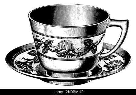 Antike Gravur einer Teetasse aus dem 19. Jahrhundert (isoliert auf weiß). Veröffentlicht in Systematic Bilder-Atlas zum Conversations-Lexikon, Ikonographische en Stockfoto