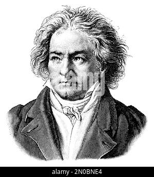 Antike Gravur eines Porträts von Ludwig van Beethoven aus dem 19. Jahrhundert (isoliert auf Weiß). Deutscher Komponist und Pianist. Geboren am 17. Dezember 1770 in Bo Stockfoto