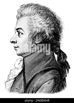 Gravur eines Porträts von Wolfgang Amadeus Mozart aus dem 19. Jahrhundert (isoliert auf Weiß). Komponist der klassischen Zeit. Er wurde am 27. Januar 1756 geboren Stockfoto