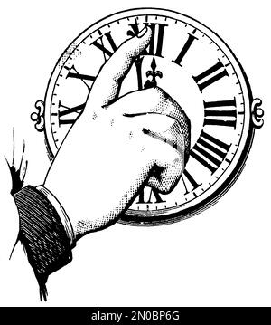 Antike Gravur menschlicher Hand zur Zeiteinstellung auf einer Uhr (isoliert auf weiß). Veröffentlicht in Systematic Bilder-Atlas zum Conversations-Lexikon, Stockfoto