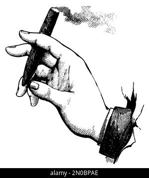 Antike Gravur aus dem 19. Jahrhundert in der Hand des Menschen mit einer Zigarre (isoliert auf weiß). Veröffentlicht in Systematic Bilder-Atlas zum Conversations-Lexikon, Stockfoto
