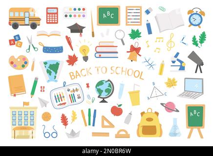 Zurück zur Schule Vektorsatz von Elementen. Große informative Clipart-Sammlung. Süße, flache Gegenstände im Klassenzimmer mit Zubehör, Schulgebäude, Bus, Subj Stock Vektor