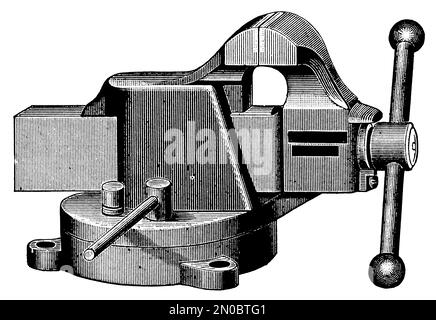 Gravur eines Schraubstocks aus dem 19. Jahrhundert (isoliert auf weiß). Veröffentlicht in Systematischen Bildern-Atlas zum Conversations-Lexikon, Ikonographische Encyklopaedi Stockfoto