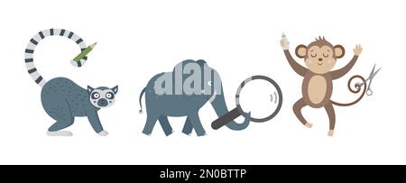 Vektor niedlicher Affe, Elefant und Lemur mit Lupe, Schere, Klebstoff, Bleistift. Lustige tropische exotische Tiere Illustration. Schulbildung A Stock Vektor