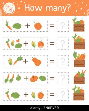 Zählspiel mit Gemüse und Holzetui. Herbstaktivität für Vorschulkinder. Mathematik-Arbeitsblatt für die Herbstsaison. Lehrreich ausdruckbar mit süßem Spaß Stock Vektor
