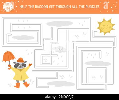 Herbstlabyrinth für Kinder. Pädagogische Aktivität im Vorschulalter. Lustiges Puzzle für die Herbstsaison mit niedlichem Waldtier, Regentropfen, Wolken, Regenschirm. Er Stock Vektor