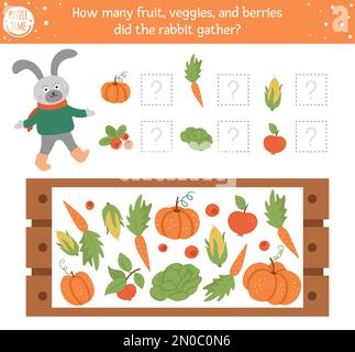 Zählspiel mit Gemüse, Holzkoffer und Kaninchen. Spionageaktivitäten im Herbst für Vorschulkinder. Mathematik-Arbeitsblatt für die Herbstsaison. Lehrprintabl Stock Vektor