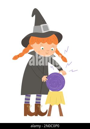 Süße Vektorhexe, die Hexerei mit Zauberball praktiziert. Halloween-Figurensymbol. Lustige Herbstvorstellung mit einem Mädchen mit großem Hut und Stock Vektor