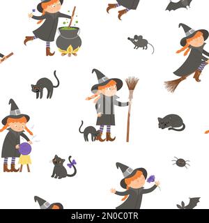 Vektor-Nahtloses Muster mit Hexen. Digitalpapier mit Halloween-Figuren. Süßer Herbst, alle Heiligen, mit Mädchen auf einem Besen, mit Kessel Stock Vektor
