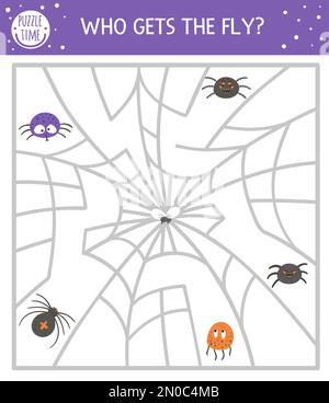 Halloween-Labyrinth für Kinder. Druckbare pädagogische Aktivität im Frühjahr. Lustiger Tag des toten Spiels oder Puzzle mit Spinnen, Netz, Insekten. Wer bekommt Stock Vektor