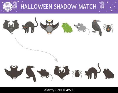 Halloween-Schattenspiel für Kinder. Herbstpuzzle mit gruseligen Tieren. Pädagogisches Spiel für Kinder mit schwarzer Katze, Fledermaus, Eule, Rabe, Spinne. Stock Vektor