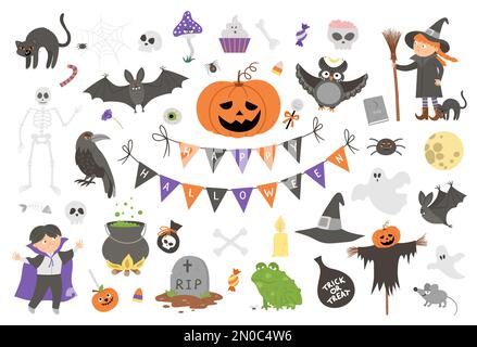 Große Gruppe von Vektor-Halloween-Elementen. Traditionelle Samhain-Party-Clipart. Gruselige Sammlung mit Jack-o-Laterne, Spinne, Geist, Schädel, Fledermäusen, Hexe, Vampir Stock Vektor