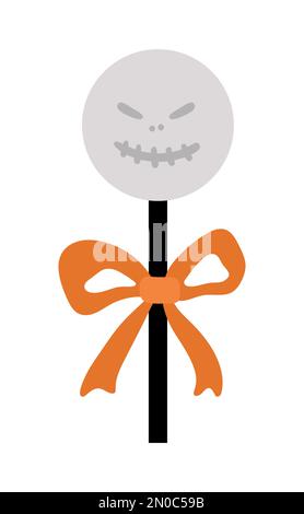 Vector Sweet für Süßes oder Saures. Ein gruseliger Geist wie Lollypop mit orangefarbener Schleife. Traditionelles Essen für Halloween-Partys. Monsterförmiges Dessert, isoliert auf Stock Vektor