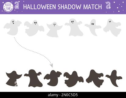 Halloween-Schattenspiel für Kinder. Herbstpuzzle mit Geist. Pädagogisches Spiel für Kinder mit gruseligen Spionen. Finden Sie die richtige Silhouette PR Stock Vektor