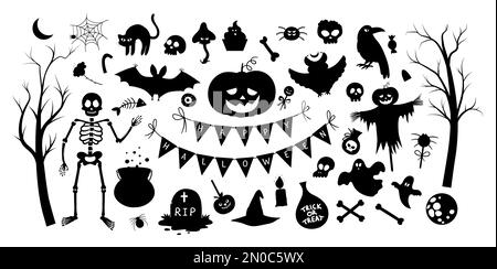 Große Halloween-Silhouettenelemente. Traditionelle Samhain-Party in Schwarz und Weiß. Gruselige Schattensammlung mit Jack-o-Laterne, spide Stock Vektor