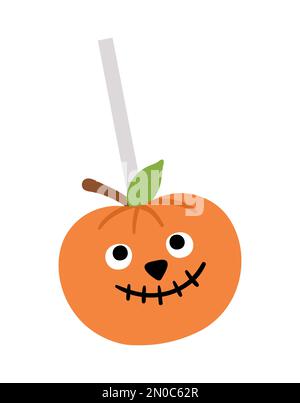 Vector Sweet für Süßes oder Saures. Beängstigender Kürbis wie Lollypop. Traditionelles Essen für Halloween-Partys. Jack-o-Laternen-Dessert isoliert auf weißem B Stock Vektor