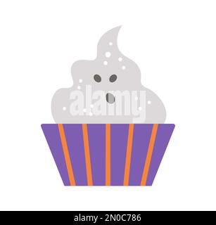 Vector Sweet für Süßes oder Saures. Ein gruseliger Geist wie ein Cupcake. Traditionelles Essen für Halloween-Partys. Monsterförmiges Dessert isoliert auf weißem Hintergrund. Stock Vektor