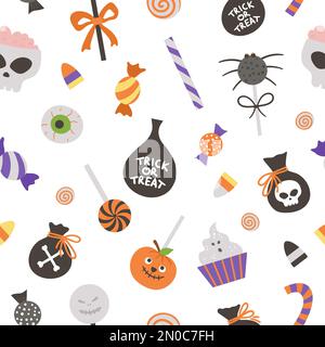 Nahtloses Vektormuster mit Süßigkeiten für Trick- oder Leckereien. Traditioneller kulinarischer Hintergrund für Halloween-Partys. Digitalpapier mit gruseligen Lollypops, Karamell, Stock Vektor