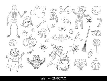 Ein großer Satz schwarz-weißer Halloween-Elemente. Traditionelle Samhain-Party-Clipart. Gruselige Sammlung mit Jack-o-Laterne, Spinne, Geist, Schädel, B. Stock Vektor