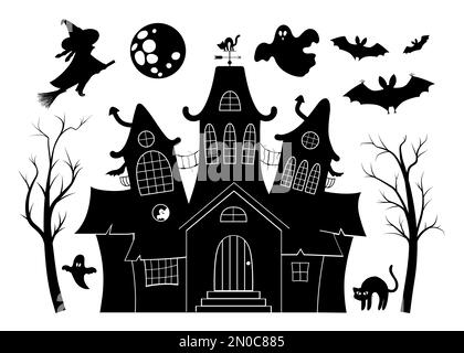 Vector-Spukhaus schwarz-weißes Zeichnungsset. Halloween-Silhouettenelemente von gruseligen Hütten, großem Mond, Geist, Fledermäusen, Bäumen. Furchterregender Samhain Pa Stock Vektor