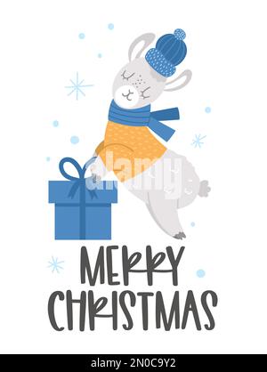 Vector Lama in Hut, Schal und Pullover mit Geschenk und Schneeflocken. Süßes Wintertier-Illustration. Lustiges Weihnachtskartendesign. Neujahr drucken mit Stock Vektor