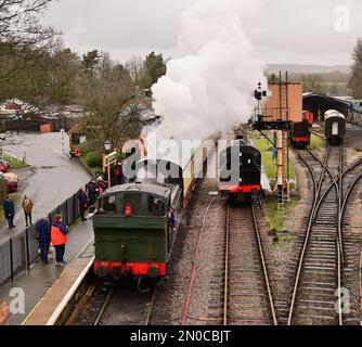 Der Feuerwehrmann des GWR-Panzers Nr. 6430 bereitet sich darauf vor, den Einlinientempel vom Wegweiser in Buckfastleigh auf der South Devon Railway abzuholen. Stockfoto