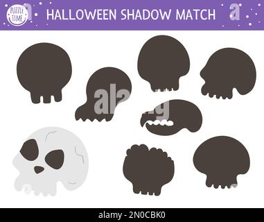 Halloween-Schattenspiel für Kinder. Herbstpuzzle mit Möbeln. Pädagogisches Spiel für Kinder mit gruseligen Knochen. Finden Sie die richtige Silhouette PR Stock Vektor
