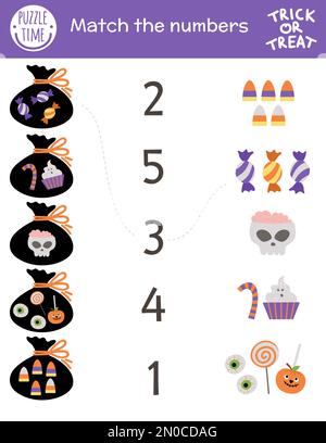 Halloween-Spiel mit Süßigkeiten und Sack. Mathematikaktivität im Herbst für Vorschulkinder. Ausdruckbares Zählarbeitsblatt für Bildungszwecke mit Stock Vektor