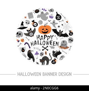 Runder Vektorrahmen mit Halloween-Elementen. Traditionelle Samhain-Party-Clipart. Beängstigendes Design für Banner, Poster, Einladungen. Süßer Herbstwagen Stock Vektor