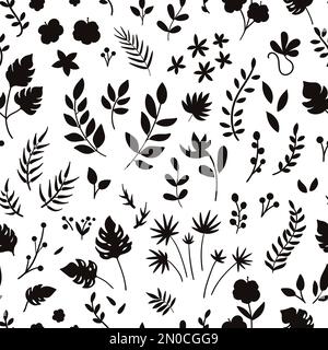 Nahtloses Vektormuster mit Blumen, Blättern und Zweigen. Dschungellaub und Blumenhintergrund. Digitalpapier mit exotischen Pflanzen. Stock Vektor
