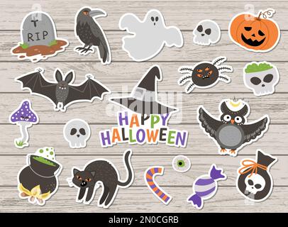 Große Packung Vektor-Halloween-Aufkleber auf Holzhintergrund. Traditionelle Samhain-Party-Clipart. Gruselige Sammlung mit Jack-o-Laterne, Spinne, Geist, sk Stock Vektor