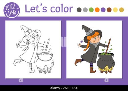 Halloween-Malseite für Kinder. Süße, lustige Hexe mit Kessel. Vektorferien im Herbst. Süßes oder Saures Kleid Partyfarbe Boo Stock Vektor