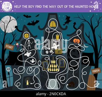 Halloween-Labyrinth für Kinder. Druckbare pädagogische Aktivität im Frühjahr. Lustiger Tag des toten Spiels oder Puzzle mit gruseliger Szene. Hilf dem Jungen beim Finden Stock Vektor