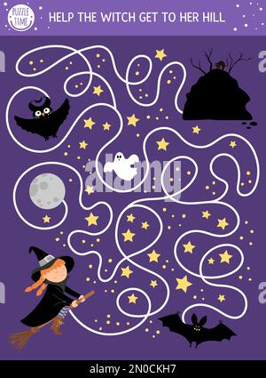 Halloween-Labyrinth für Kinder. Druckbare pädagogische Aktivität im Frühjahr. Lustiger Tag des toten Spiels oder Puzzle mit gruseliger Szene, Nachthimmel und St. Stock Vektor