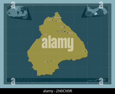 Los Santos, Provinz Panama. Durchgehende Farbform. Standorte und Namen der wichtigsten Städte der Region. Eckkarten für zusätzliche Standorte Stockfoto